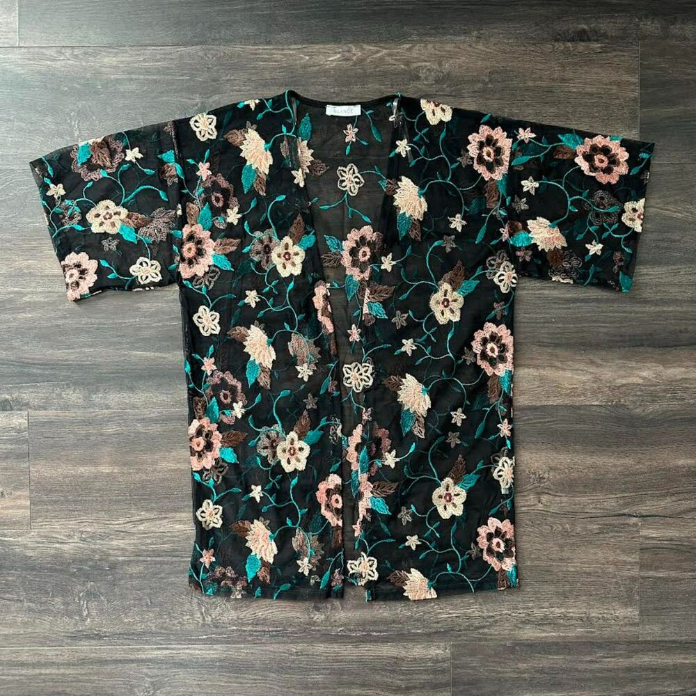 Glance Floral Embroidered Mesh Cardigan Black Open-Front Short Sleeve Size Large